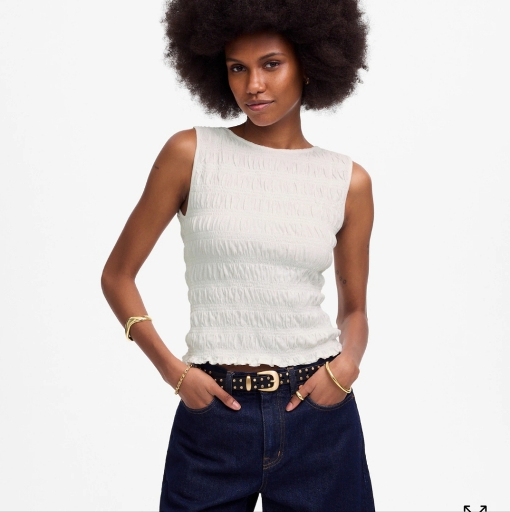 Madewell Smocked Boatneck Tank NV912 SZ L White NWT